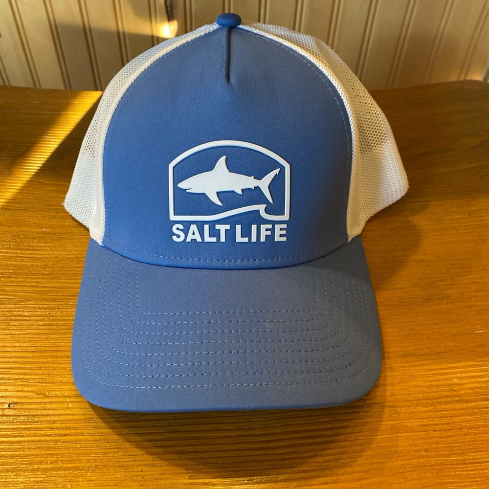 Salt Life Men’s Fitted Shark Hat Steel Blue And White NWT